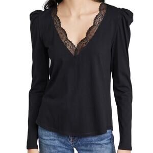 Generation Love Long Puff Sleeve V Neck Lace Trim Ophelia Lace Top in Black